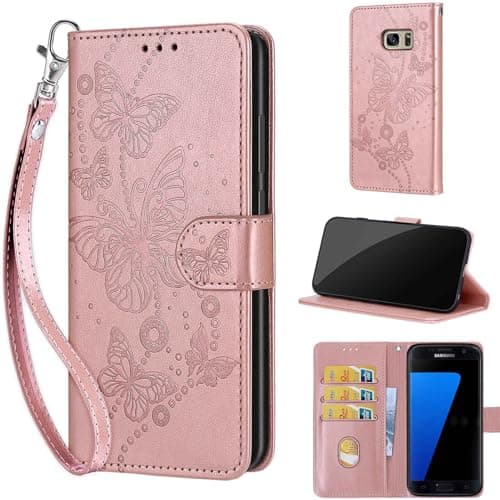 Image of for Samsung Galaxy S7 Case, Embossed Premium PU Leather Folio Flip Notebook Wallet Cover Compatible with Samsung Galaxy S7 Phone Case [Magnet Closure][Kickstand][Card Slots], Rose Gold Butterfly