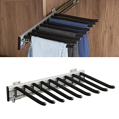 Image of mopam Pull Out Trousers Rack 9 Arms Retractable Closet Pants Hanger Side Mounted Space Saving Trouser Hanger Rack, Left Side Installation, Black