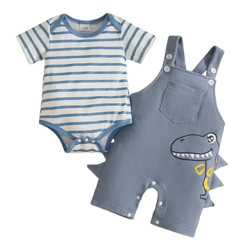 Image of Eqenkely Baby Boy Clothes Newborn Striped Romper T-Shirt with Dinosaur Suspender Overall Shorts Set Summer Outfits 0-24 Months Blue 0-3 Months