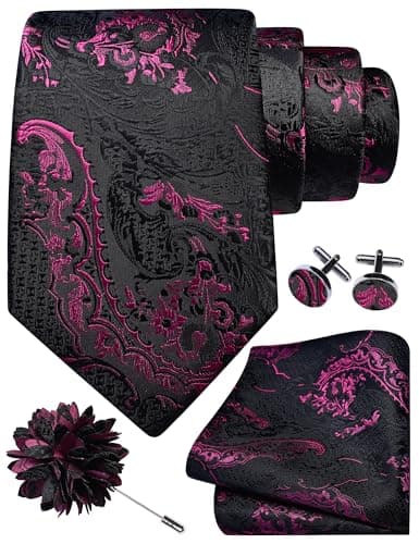 Image of Gusleson Black Hot Pink Tie Set for Men Silk Paisley Necktie Pocket Square Cufflinks and Lapel Pin Brooch Set for Wedding (UK6114-34)
