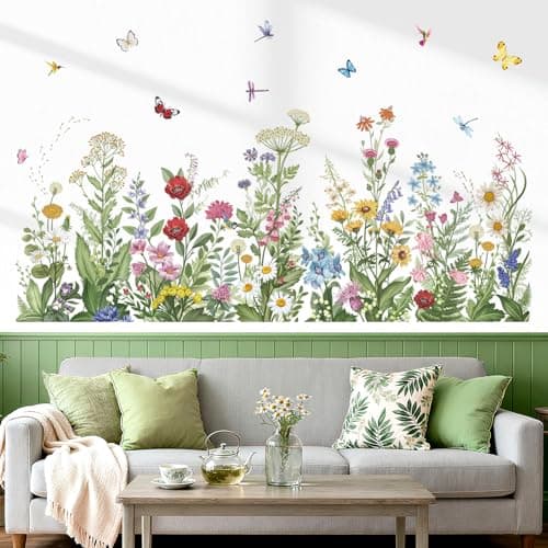 Image of wondever Green Plants Wild Flowers Wall Stickers Grass Floral Leaves Butterflies Peel and Stick Wall Art Decals for Living Room Bedroom Sofa
