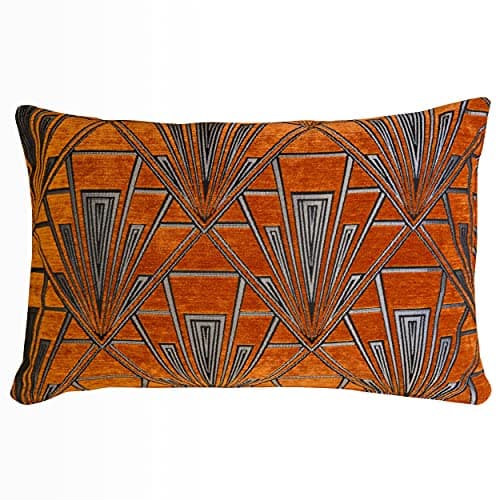 Image of Linen Loft Art Deco Geometric XL Rectangular Cushion Cover. Double Sided Luxury Velvet Chenille. Deep Burnt Orange and Silver. Bold Geometric 20s and 30s Style. 23x15 XL Cover Only.