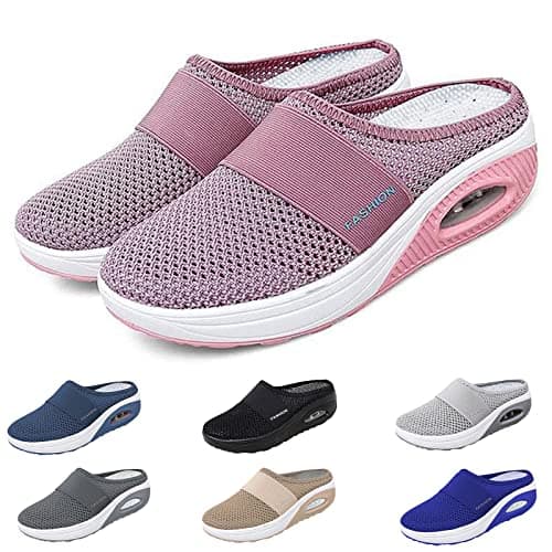 Image of Backless Trainers Women Mules Shoes for Women Wide Fit Orthopedic Trainers Casual Air Cushion Slip On Walking Sneaker Comfortable Arch Support Non Slip Shoe Sale.Clearance Pink 4