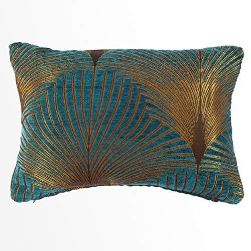 Image of Linen Loft Art Deco Fan Boudoir Cushion. Teal and Gold. Luxury Velvet Chenille. Double Sided Geometric Feather Style. 17"x12" Rectangle Pillow. (43cm x 30cm Cover only)
