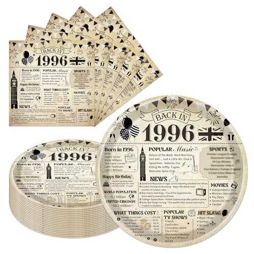 Image of Eiapadeor 30th Birthday Decorations Tableware Set - 50 Pcs 30th Birthday Party Plates and Napkins Vintage Back in 1996 Disposable Plates Set for Women Men Him Her 30 Year Old Party Supplies