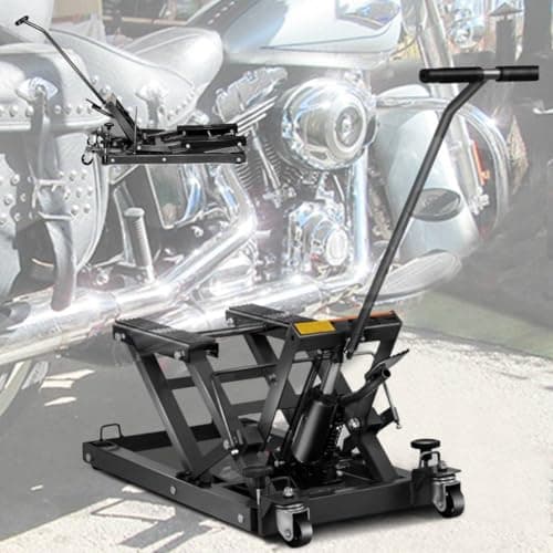 Image of TANGZON 680KG Motorbike Lifts, Hydraulic Motorcycle Lift Jack with 3 Positions Safety Locks, T-Handle, 4 Wheels, 14-43cm Adjustable Platform, Heavy Duty Foot Operated Hoist Stand for ATV (Black)