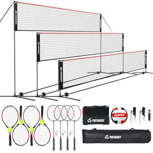 Image of Patiassy 17ft Portable Badminton Tennis 3 in 1 Combo Net Set - Indoor Outdoor Adjustable Height Sports Net with Poles, Portable Outdoor Net with Carrying Bag, Rackets and Balls
