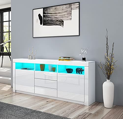 Image of AWOOOD Sideboard Cabinet, High Gloss Sideboards TV Stand Unit 2 Doors 3 Drawers with LED Light Storage Cupboard for Living Dining Room 160x35x72cm (White)