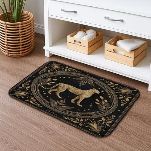 Image of Elegant Leopard Print Bath Mat, Vintage Gold Floral Design Absorbent Non Slip Shower Rug, Modern Memory Foam Washable Bathroom Carpet for Home Decor 16x24 Inch