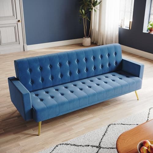 Image of ZANOFIRA 3 Seater Click Clack Sofa, Blue Luxury Velvet Mid Century Modern Couches w/Square Armrest Comfy Small Sofas for Living Room, Bedroom, Apartment, Home Office
