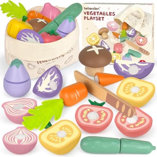 Image of Beberolen Wooden Food Toys for Kids Cutting Vegetable Kitchen Toys Set for Toddlers Pretend Role Play Kitchen Accessories Chopping Fruits and Veg Toys for Boys Girls Educational Learning Gifts