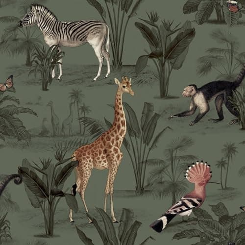 Image of SOPHIE LAURENCE Green Tropical Floral Wallpaper Safari Monkeys Zebras Giraffe Feature Bedroom, Smooth Finish Vinyl Wall Panels for Lounge, Bedroom, Study Washable, Strippable, Non-Pasted (Full Roll)