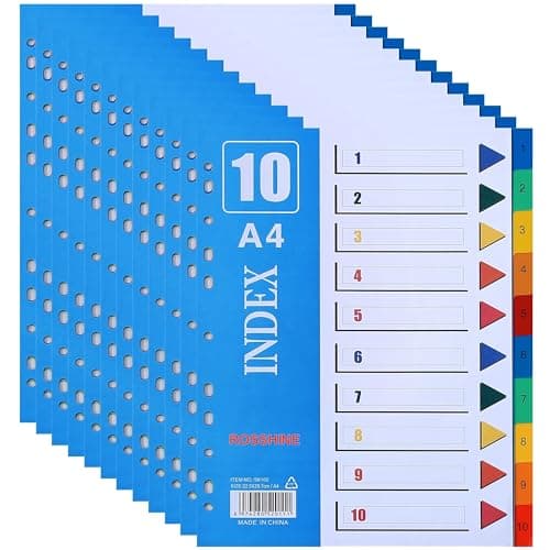 Image of 1-10 Part File Dividers A4, 【12Pack】 Plastic A4 Folder Dividers for Ring Binders with11-Holes & Content List, Multi-Colour Index Dividers for Lever Arch Files Ideal for Office School