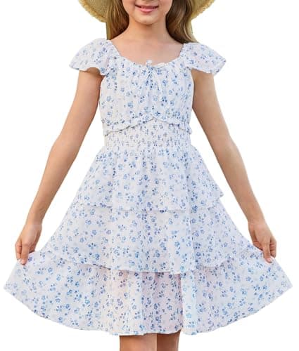 Image of GRACE KARIN Girls Summer A-Line Tiered Floral Dress, Ruffle Sleeve Square Neck Midi Flower Girl Party Dresses 6-14 Years Blue Flowers 6-7 Years