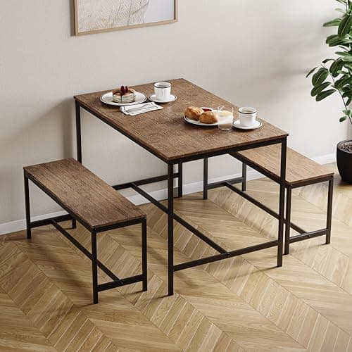 Image of Vida Designs Roslyn 4 Seater Dining Set | Dark Wood | 3 Piece Dining Room Complete Set | 75H x 110W x 70D cm | with 2 Benches | Rustic | Solid Metal Frame | Industrial Design