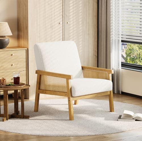 Image of RBFGYIOP Boucle Fabric Accent Chair with Rattan Sides, Modern Living Room Armchair High Back Upholstered Reading Chair with Wide Arm, Fabric Lounge Single Sofa for Bedroom Guest Room
