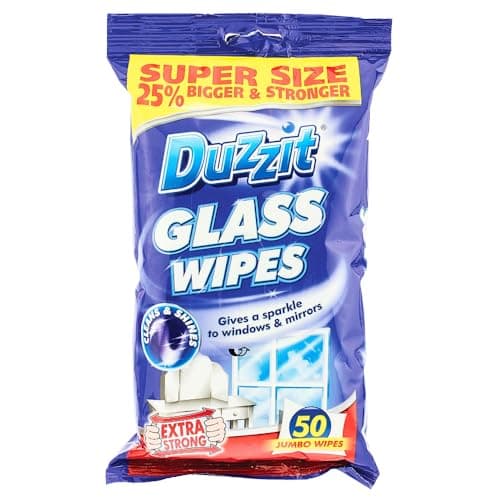Image of Duzzit Glass Wipes - Super Size (25% Bigger & Stronger) | Extra Strong Cleaning Wipes for Glass, Mirrors and More - Cleans and Shines (50 Jumbo Wipes)