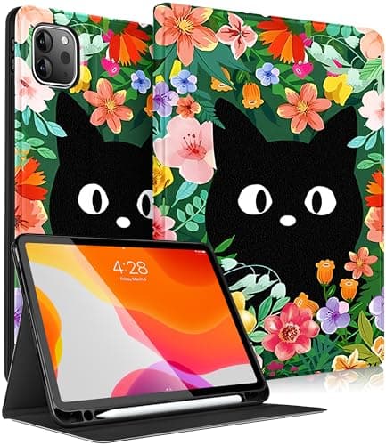Image of Pegmode for iPad Pro 12.9 Case Women Girls Cute Folio Cover Flower Cat Kawaii Girly Aesthetic Design With Pencil Holder Smart Cover for Apple iPad Pro 12.9 Inch Cases 2022/2021/2020/2018