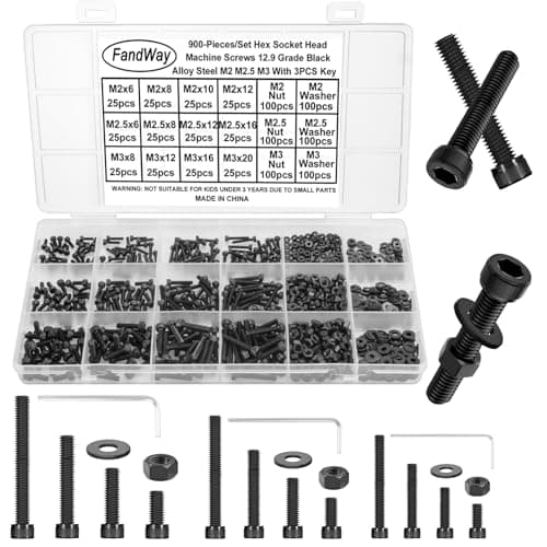 Image of FandWay 900Pcs Bolts and Nuts Set,M2 M2.5 M3 Hex Socket Cap Head Machine Screws,DIN912 Allen Screws,12.9 Grade Alloy Steel Black Hex Bolts and Washers Set Fully Threaded With 3 Allen Key.