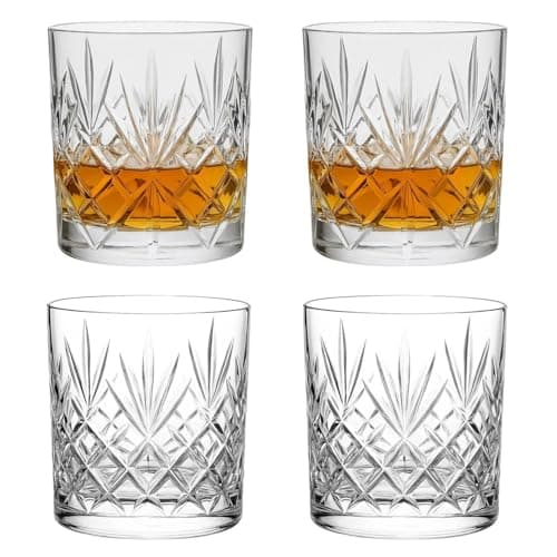 Image of UNIQUE HOME LIVING Whiskey Glasses Set of 4 Vintage Whisky Tumblers 340ml Old Fashioned Drinking Glasses Clear Cut Glass Cups for Bourbon Brandy Rum Cocktail Glassware Barware Home Bar Party Men Gift