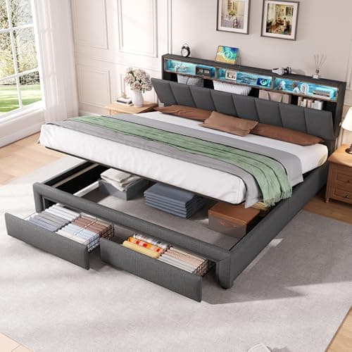 Image of Upholstered Bed Frame with Hydraulic Lift&Drawers&Adjustable Concealed Storage Headboard, 6ft Super King Size Bed Frame with LED Lighting&Charging Station, Linen Functional Ottoman Storage Bed, Grey