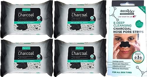 Image of Happy Bees Bundle Beauty Formulas Charcoal Facial Wipes 25 Wipes x 4 Pack Plus Derma V10 6 Deep Cleansing Charcoal Nose Pore Strips For All Skin Types.