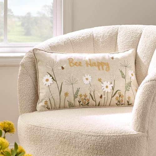 Image of Catherine Lansfield Bee Happy Embroidered 30x50cm Cushion Natural