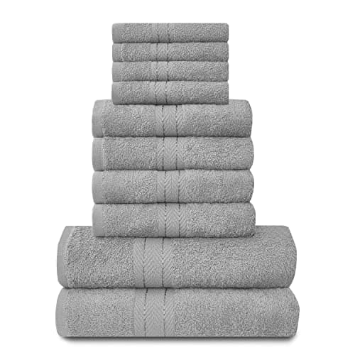 Image of GC GAVENO CAVAILIA Towels Family Bale Set - 10 Piece 100% Egyptian Cotton, 4x Face 4x Hand 2x Bath Towel, Premium Quality Highly Water Absorbent Bathroom Accessories, Machine Washable, Silver