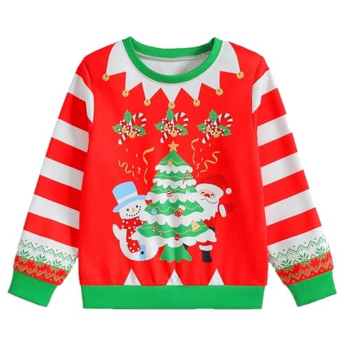 Image of BOVOSHA Kids Ugly Christmas Jumper Boys Round Neck Sweatshirt Long Sleeve Pullover Xmas Tree Santa Print Red Holiday Clothes (Red, 12-14 Years)