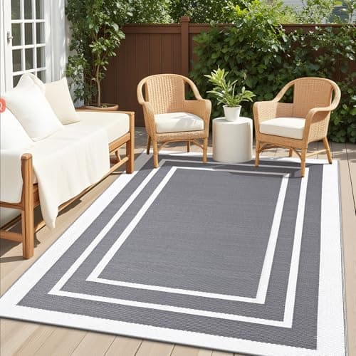 Image of Homaxy Waterproof Outdoor Rug, Anti-slip Reversible UV Resistant Garden Rugs, Easy Cleaning Carpet for Camping, Patio, Beach, Picnic, Backyard - 150 x 240 cm, Grey & White
