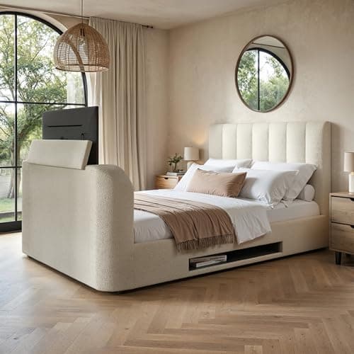 Image of Flair Furnishings - Ottoman Bed, Kingsize Side Lift TV Bed, Cream Kingsize Bed with Storage Underneath, Luxurious Boucle, Elegant and Refined