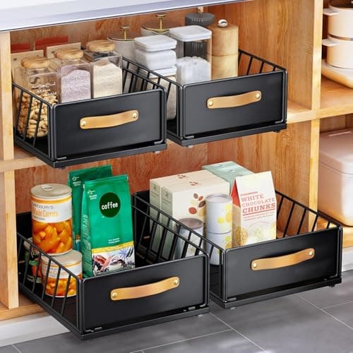 Image of Kitstorack Pull out Cabinet Organizer Fixed with Adhesive Nano Film, Heavy Duty Pull Out Kitchen Storage Drawer, Sliding Mesh Cabinet Basket with Handle for Kitchen,40 Depth x 30 Width x 16 Height CM