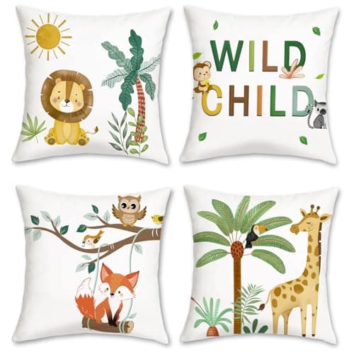 Image of COZZSNUGE Kids Animal Cushion Covers Cute Lion Fox Giraffe Wild Toddler Velvety Decorative Pillowcases for Sofa Bed Home Nursery Baby Room 45 x 45 cm Set of 4