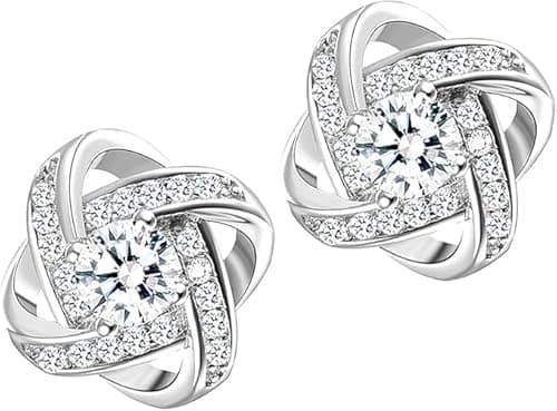 Image of Sterling Silver Stud Earrings for Women, Cubic Zirconia Knot Design, Sparkling CZ Ear Studs, Hypoallergenic Jewelry Gift for Mother's Day, Birthday, Anniversary with Gift Box
