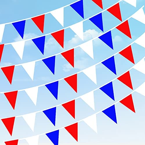Image of DOJoykey 200M Nylon Fabric Bunting Banner, 300pcs Red Blue White Colors Triangle Flags Outdoor Pennant Banner for Mother‘s Day Special Event, National Day Celebrations