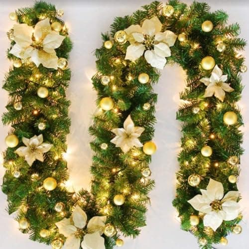 Image of SHAVINGFUN Christmas garland,christmas garland with lights,2.7M/ 9FT Christmas Garland Decorations Illuminated with LED Lights,for Stairs Fireplaces Christmas Festive Wreath Xmas Decor (Gold)