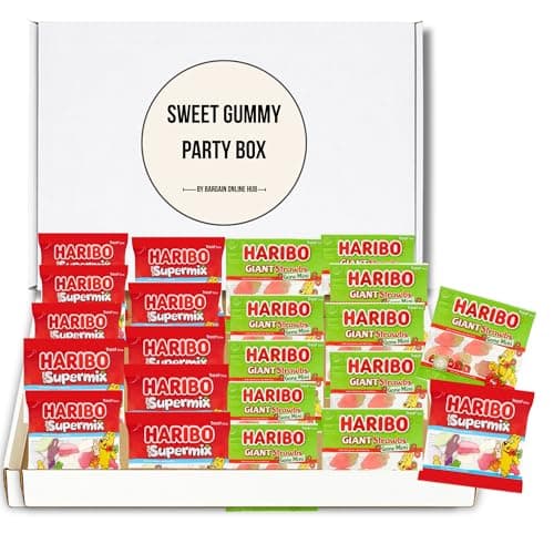 Image of Sweet Gummy Party Box by Bargain Online Hub | 20 Haribo Treat Bags Gift Set – 10 Supermix & 10 Giant Strawbs | Sweet Hampers, Birthday Sweets Gift Box & Confectionery gift hamper