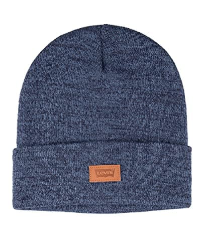 Image of Levi's Unisex's All Season Comfy Leather Logo Patch Cuffed Hero Beanie Hat, Marl Blue, One Size