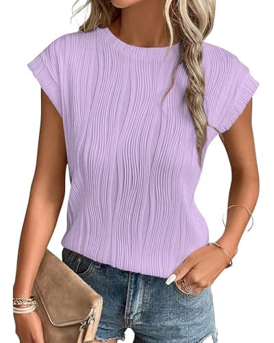 Image of MOLERANI T Shirts for Women - Short Sleeve Ladies Tops Round Neck Blouses Tees Solid Summer Knit T-Shirts Light Purple XL