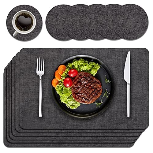 Image of Purejoy Placemats and Coaster Sets 6, Christmas Table Mats PU Leather Heat-Resistant Washable and Non-Slip 43 * 30 cm Dinner Table Mats Set of 6 for Kitchen Table Mat Indoor Outdoor (Grey)