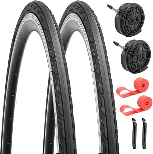 Image of Pair 700 x 25c Road Racing Bike Tyres Foldable Replacement 700C Tyres 25-622 with Presta Valve 48mm Butyl Inner Tubes and Rim Strips for Road Bicycle Touring Bicycle Bike