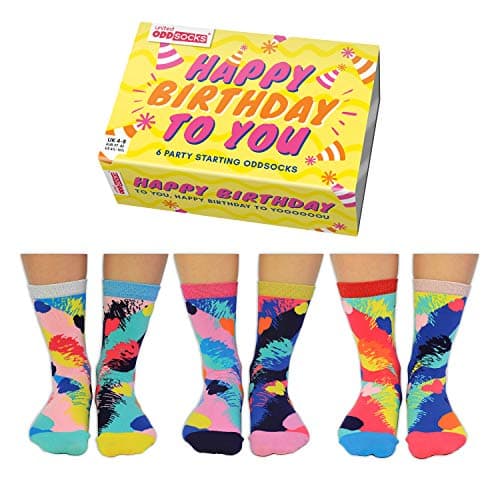 Image of United Oddsocks - Happy Birthday to You – Box of 6 Fun Mismatched Oddsocks for Ladies – Sizes UK 4-8, EUR 37-42, US 6.5-10.5 | Fun and Colorful Birthday Gift for Women