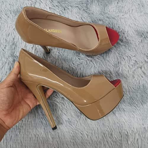 Image of QIANKUN Sexy Open Toe Platform Women High Heels Super High Patent Leather High Heels Shoes Red Wedding Stilettos-Dark nude,38