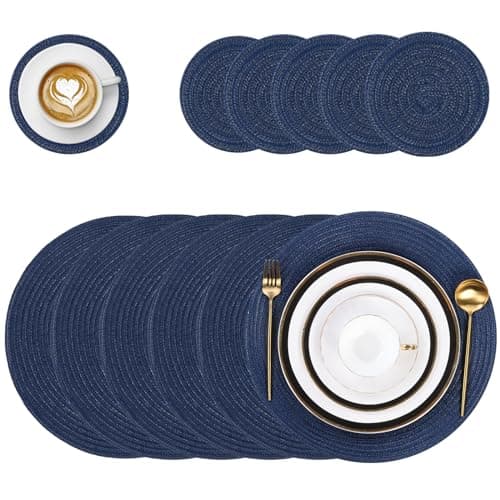 Image of Pauwer Round Placemats and Coasters Set of 6, Non Slip Washbale Table Mats and Coasters Sets Heat Resistant Decor Table Place Mats for Hotel Wedding Party Christmas, Navy