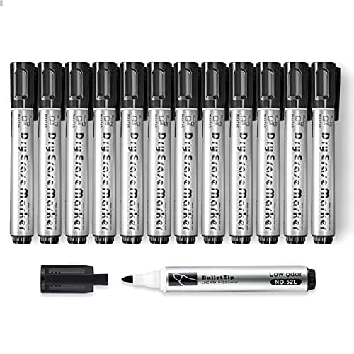 Image of maxtek Whiteboard Pens Black, 12pcs Whiteboard Markers Dry Erase, Bullet Tip Dry Wipe Pens Low Odor for Office, Schools, Home