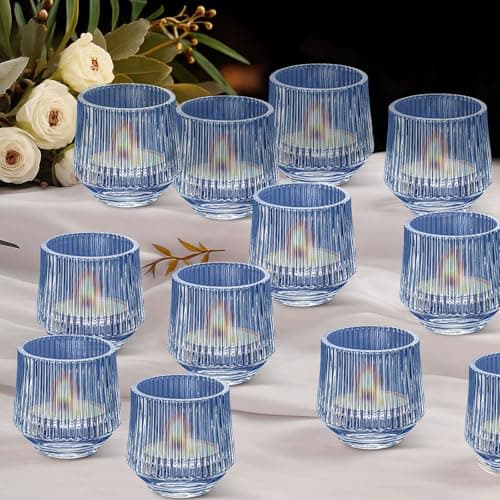 Image of Large Votive Candle Holders 12 Pcs 8 × 8 cm Ribbed Glass Candle Holders, Tea Lights Candle Holder for Bridal Shower Decorations, Wedding Decor, Blue Centerpieces for Tables