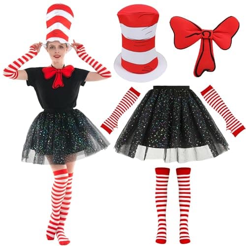 Image of Webeasy Cat Hat in Red White Striped Costume Set for Kids and Adults, Include Top Hat, Bow Tie, Tutu Skirt, Socks and Gloves, Adult Set, Adult