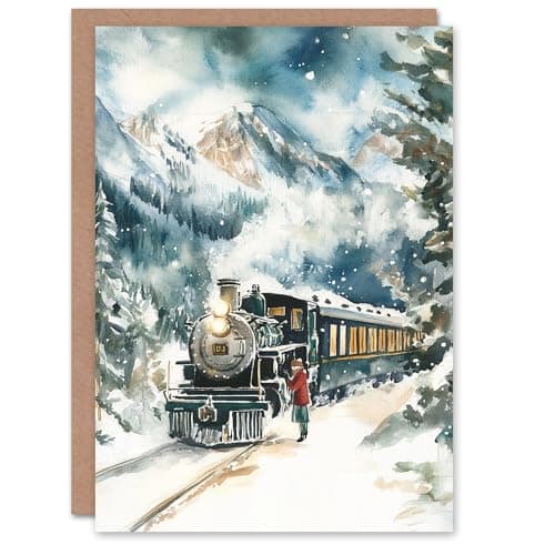 Image of Artery8 Polar Express Train Winter Landscape Blank For Him Or Her Art Xmas Festive Christmas Card