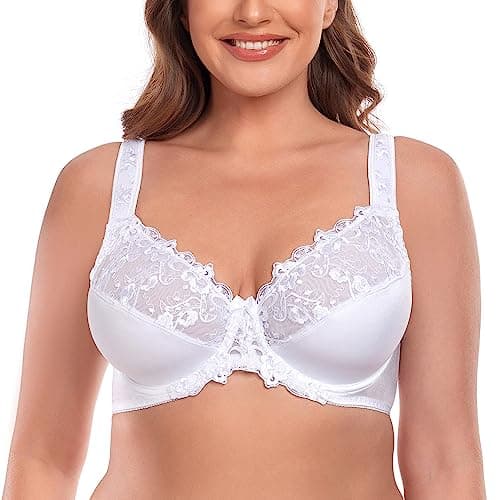 Image of Ayigedu Women's Full Coverage Minimiser Bra Floral Lace Non Padded Plus Size Underwired Bra 40G White