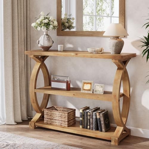 Image of TRIBEWOOD Slim Solid Wood Console Table, 3‑Tier Rustic Sofa Table with Fish‑Tail Side Design, Small Hallway Table with Storage for Entryway, Foyer, Living Room, Natural Wood Grain